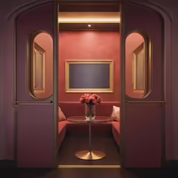 an entrance way to the living room with a red chair and gold accents