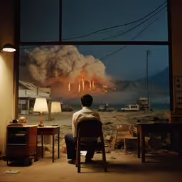a man sitting in front of a window that is full of fireworks,there is a man sitting down looking at the smoke