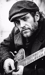 a man wearing a coat and hat is playing an acoustic guitar