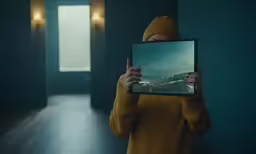 a person holding an image up to their face