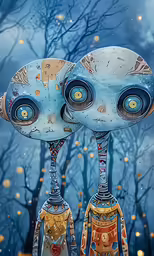 three cartoon alien like creatures in a surreal blue landscape