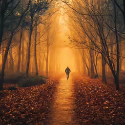 a person walks down a pathway in the woods during sunset