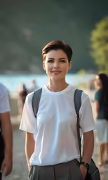 a woman standing on a beach in shorts and a t - shirt