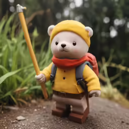 a teddy bear with a yellow coat and red scarf is holding a pole