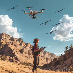 a man standing on a hill with a remote control in hand