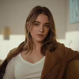 a young woman in a brown jacket sitting on a couch
