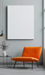 a modern chair next to a white canvas