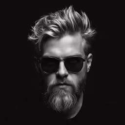 a man with sunglasses on top of a black background