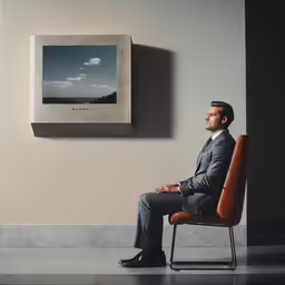 man sitting in chair looking at picture of clouds on wall