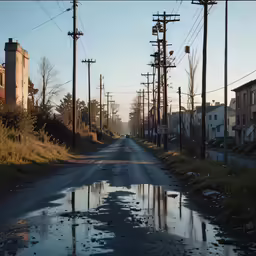 a wet, puddle - covered street with houses on either side