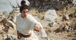 a girl in white costume holding the arm of a man