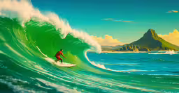a painting of a surfer riding an ocean wave,a man riding a wave on top of a surfboard