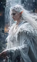 a woman wearing white with long white hair and white hair wearing long white gown