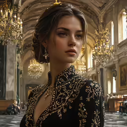 a very pretty girl wearing earrings standing in a large room