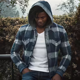a man leaning against a fence with a hoodie on