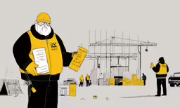 a cartoon character with some papers and construction workers