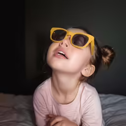 a young girl wearing sunglasses sitting on her stomach