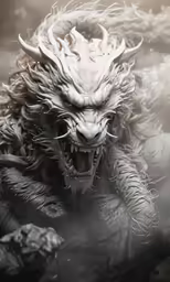 a demon with long, wavy hair and sharp teeth is depicted in an artistic picture