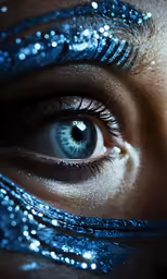 an extreme close up view of a young womans blue eyes