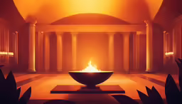 an orange lit room with columns and a large bowl