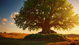 a large tree sitting next to a grass hillside,there is a tree in the middle of a grassy field