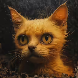 an orange cat is looking down with some serious eyes