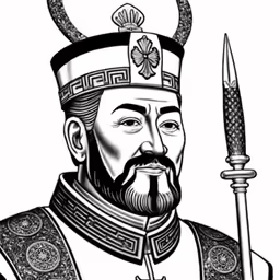 an oriental man holding a sword and wearing a helmet