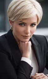 woman in suit sitting at table looking off to the side