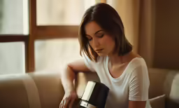 a woman with shoulder length hair holding a coffee mug
