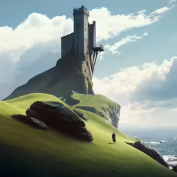 a person walks on a hill by a castle