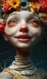 the surreal artwork is made with flowers on her head
