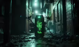 a can sitting in an alleyway with graffiti on the side