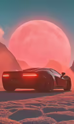 a car is seen in front of a red moon