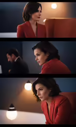 three photographs of a woman sitting in a chair