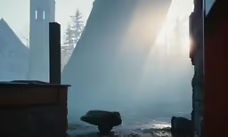 sunlight shining through a church with rocks near by
