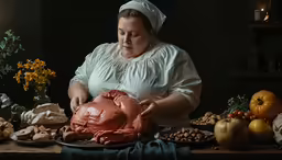 the woman is preparing a turkey in a kitchen