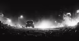 a car traveling down a road at night