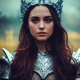 a beautiful young lady dressed in silver armor and butterfly crown