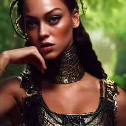 woman with dark makeup wearing a gold collar necklace