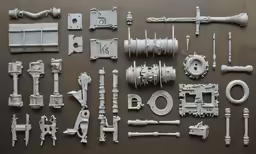 there are many different white metal parts on the table