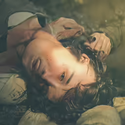 a woman laying on her side with a man shaving her hair