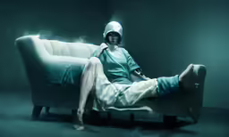 a young person wearing a helmet posing on a sofa