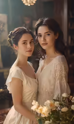two young women wearing gowns are standing next to each other