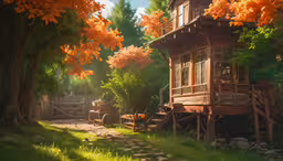 a painting of a wooden house next to some trees,a painting of a house and trees in the sun