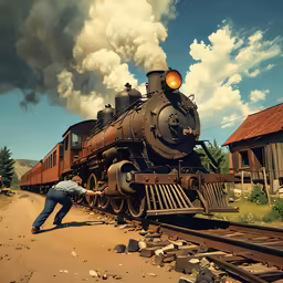 a man working on an old train that is in the woods