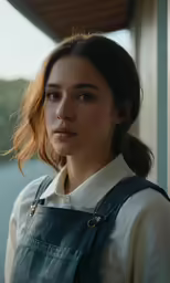 a woman with a long, ponytail stands near a window