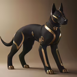 a dog statue is wearing gold details