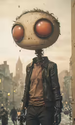 an animated human head standing in the snow