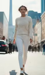 a woman is walking down the street while wearing white pants