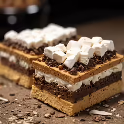 two dessert squares with marshmallow and chocolate on top